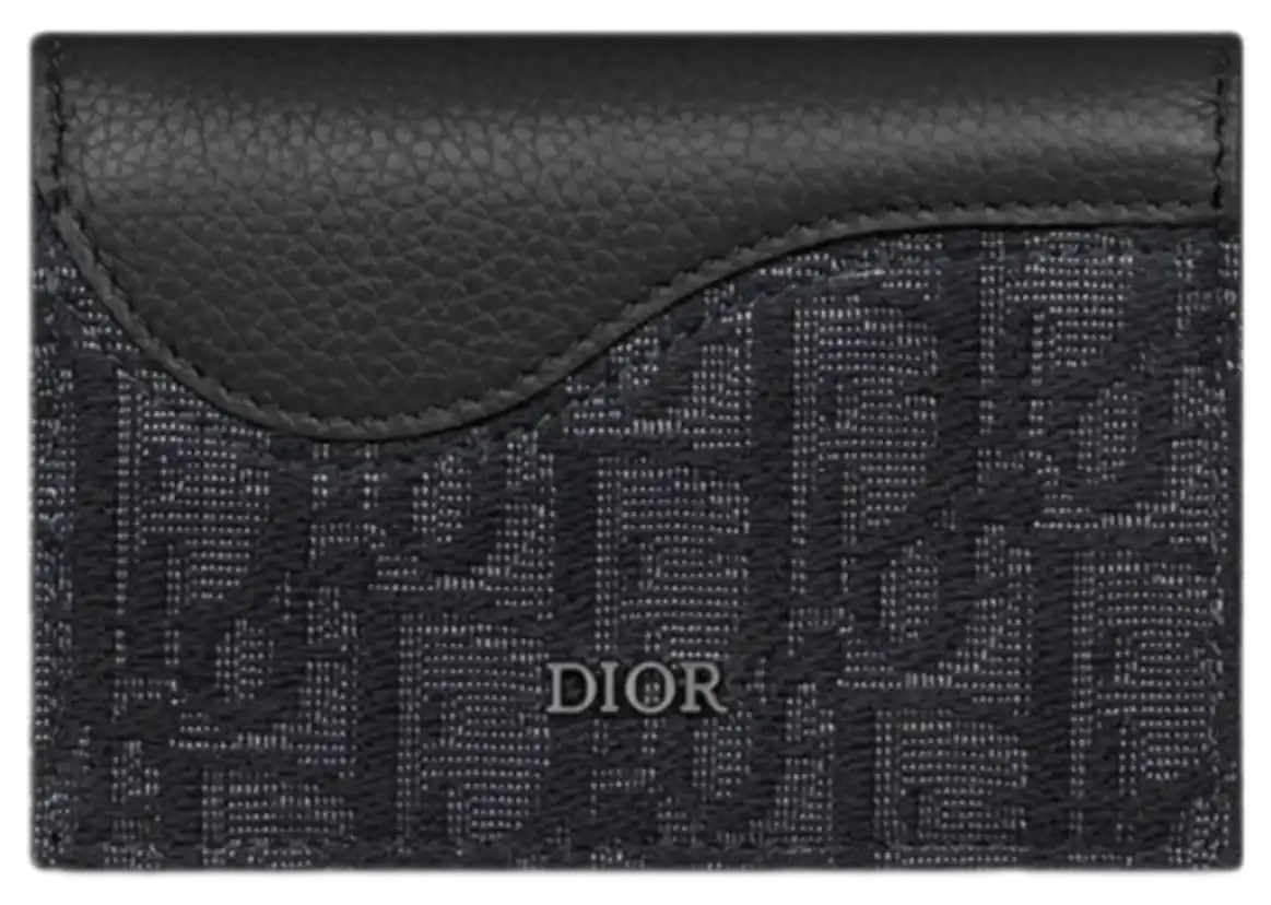 Dior Saddle Business Card Holder - Black Grained Calfskin Marquetry and Black Dior Oblique Jacquard