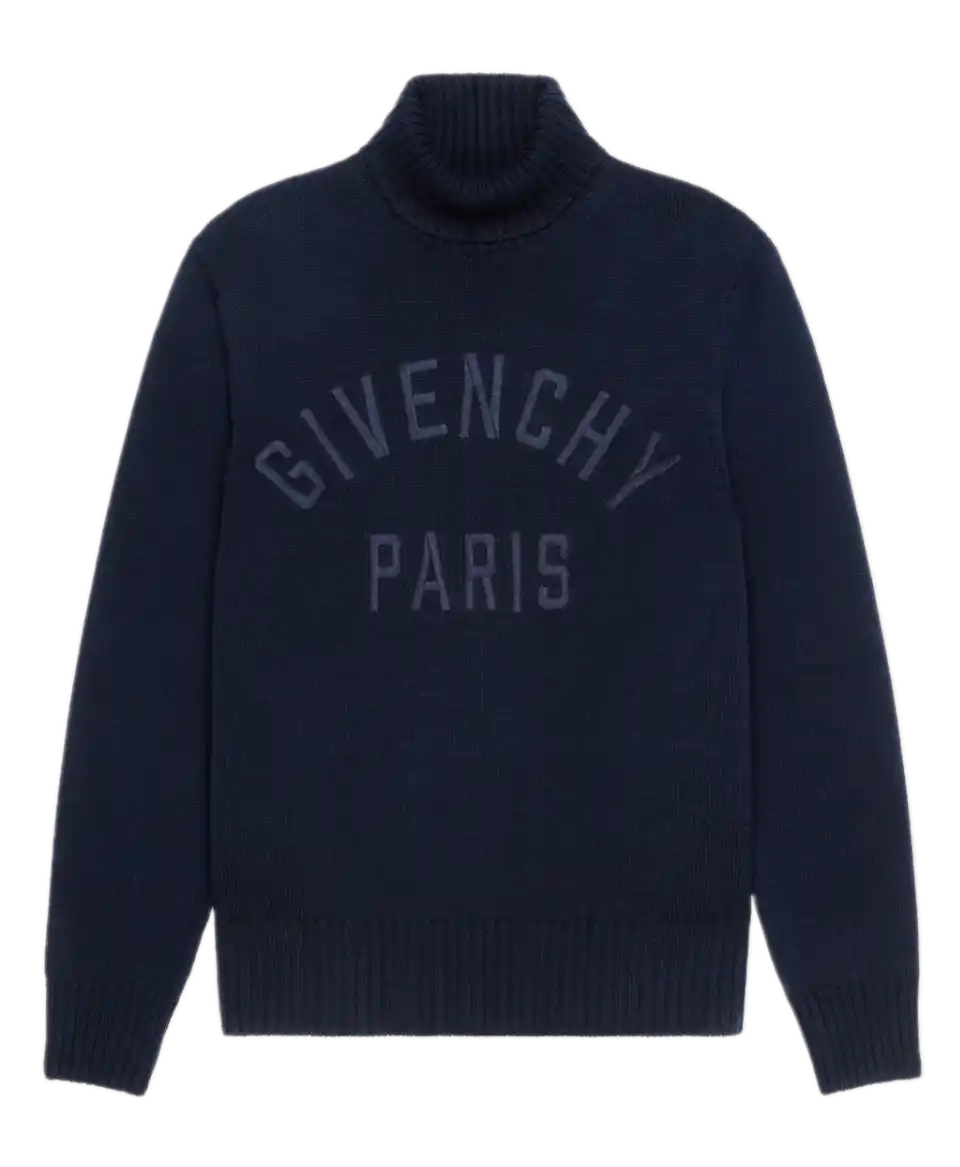 Givenchy Turtleneck Sweater in Cotton with Givenchy Paris Embroidery - Dark Navy
