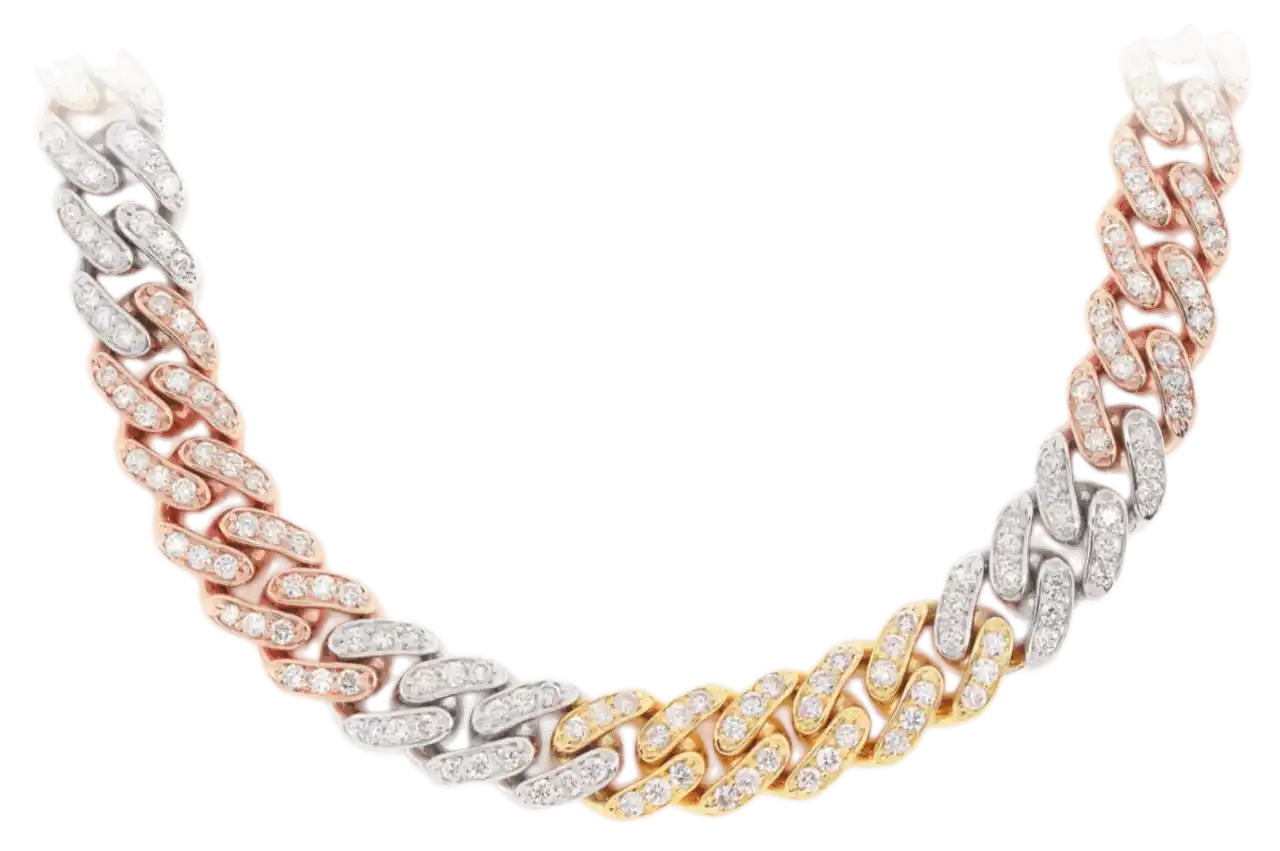 Miami Cuban Link Diamond Necklace 8mm 14k Tri Tone Solid Gold 10ct