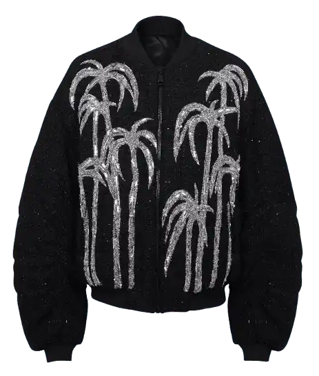 Balmain Tweed Bomber Jacket With Palm Tree Embroider - Black