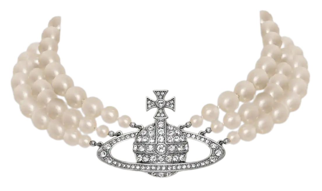 Vivienne Westwood Three Row Pearl Bas Relief Choker - Platinum/Pearl/Crystal