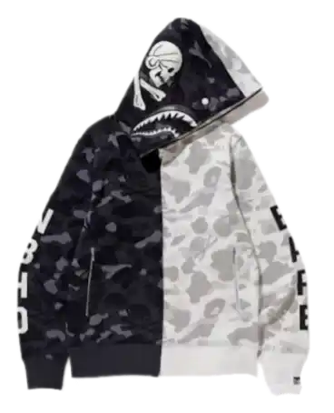 BAPE x Neighborhood Split Camo Shark Full Zip Hoodie - Black/White