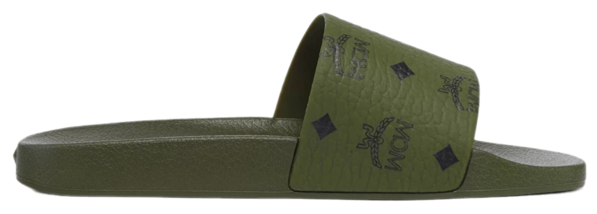 MCM Monogram Print Rubber Slides - Khaki Moss