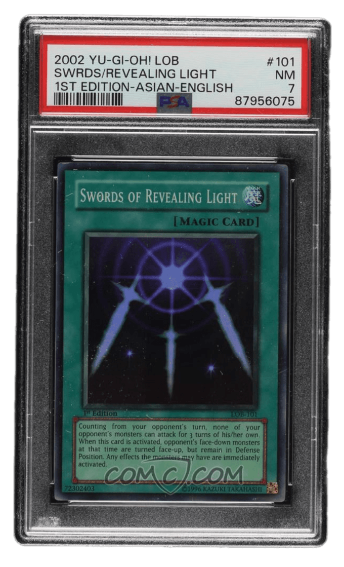 2002 Yu-Gi-Oh! Legend of Blue Eyes White Dragon - 1st Edition #LOB-101 - Swords of Revealing Light PSA 7 NM