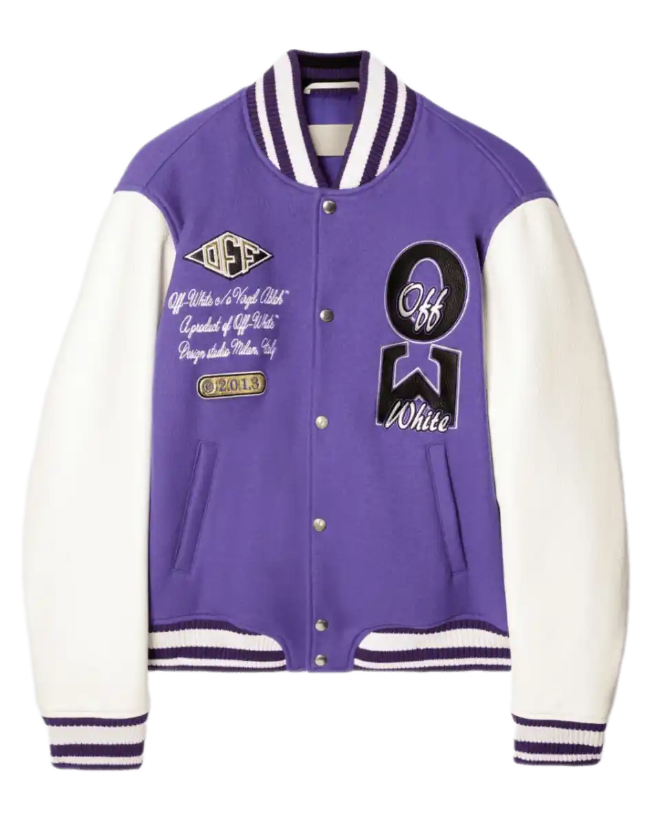 Off-White Time Leather/Wool Varsity Jacket - Purple