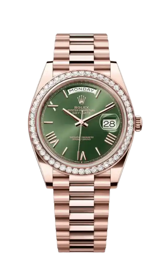 Rolex Day-Date Olive Green Dial - 40mm, Rose Gold, Diamond Bezel