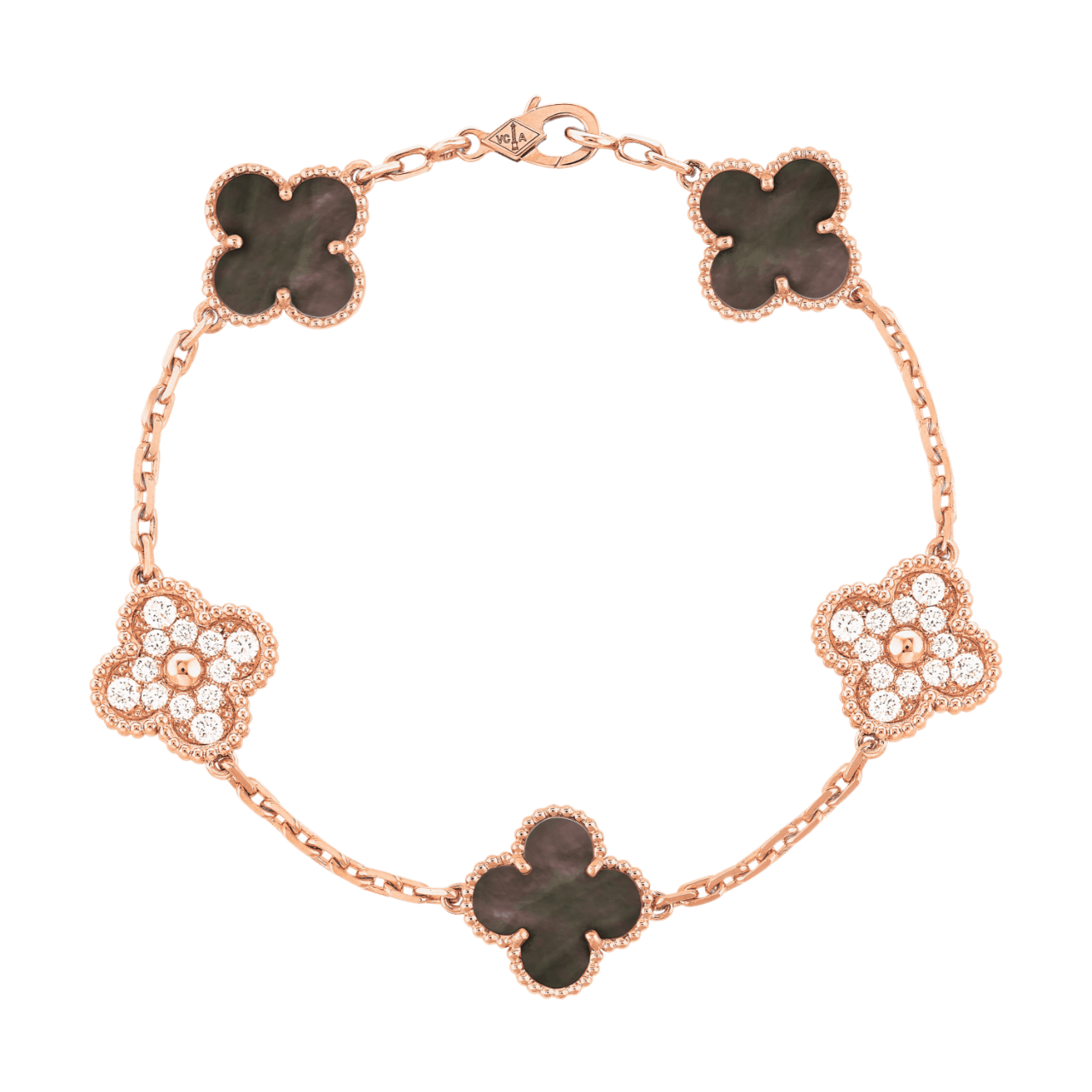 Van Cleef Vintage Alhambra Bracelet 5 Motifs - Rose Gold, Diamond, Mother-of-Pearl