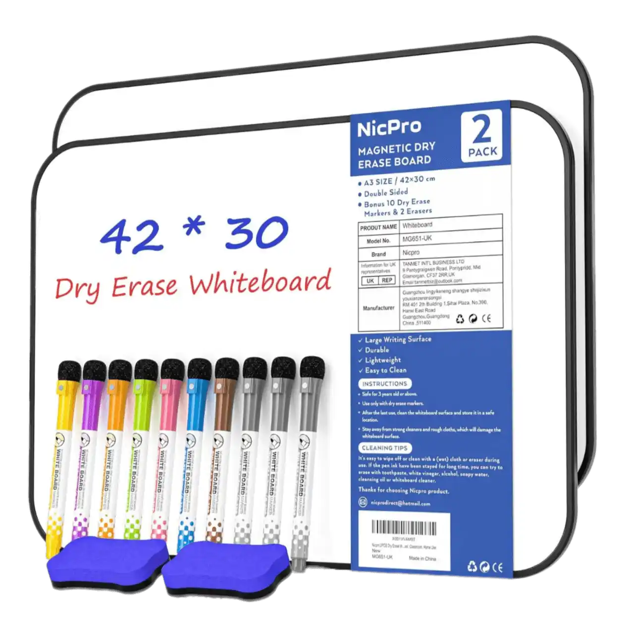 Nicpro 2 Pack Dry Erase Whiteboard A3