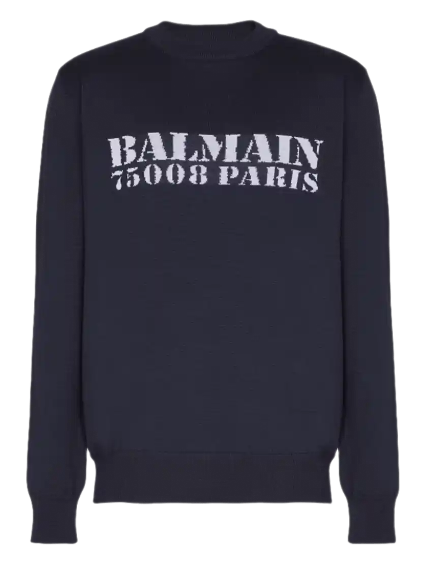 Balmain Stamp Merino Wool Jumper - Navy