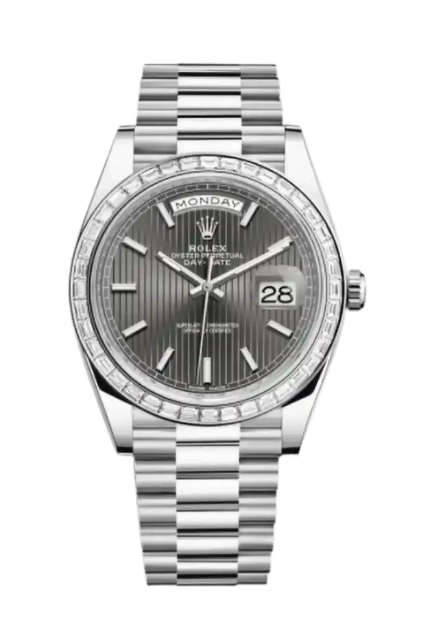 Rolex Day-Date Dark Rhodium Stripe Motif Dial - 40mm, Platinum, Diamond Bezel