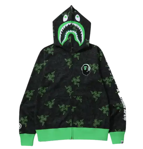 BAPE x Razer Neon Camo Shark Full Zip Hoodie - Black Green