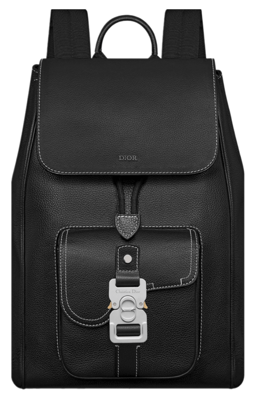 Dior Saddle Backpack with Flap - Black Grained Calfskin with Contrasting Topstitching