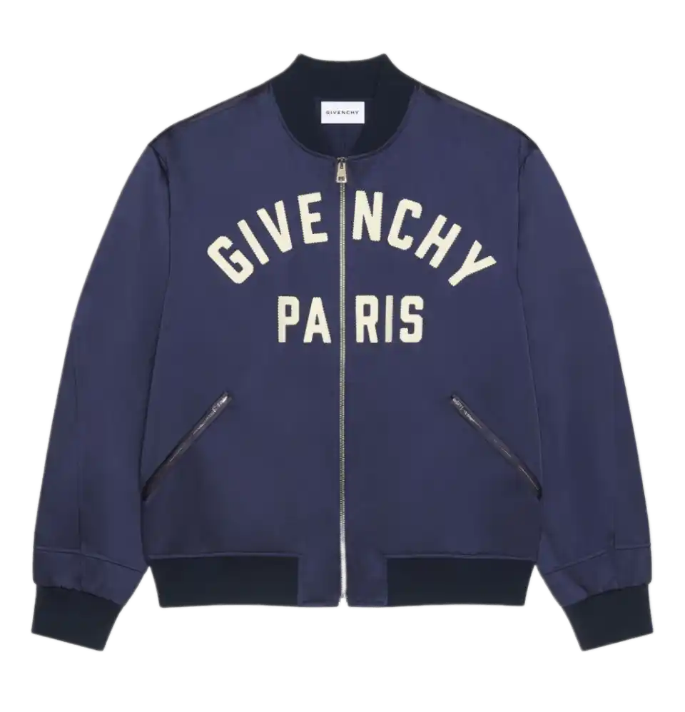Givenchy Couture Seam Bomber in Satin with Givenchy Paris Embroidery - Navy