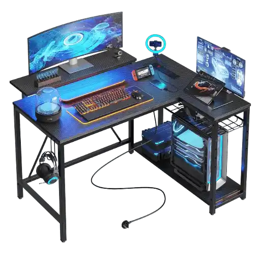 Bestier L Shaped Desk with Power Outlets & LED Lights Compact Corner Desk