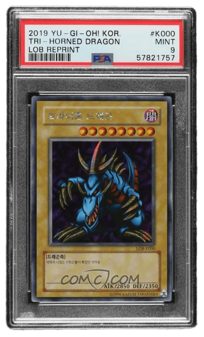 2019 Yu-Gi-Oh! - Legend of Blue Eyes White Dragon - Reprint - Korean #LOB-K000 - Tri-Horned Dragon PSA 9 MINT