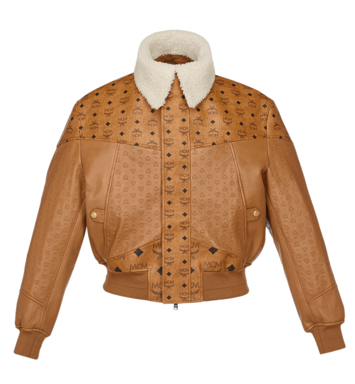 MCM Shearling Bomber Jacket in Visetos Leather Mix - Cognac