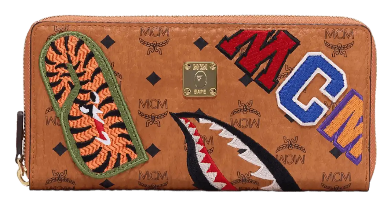 MCM x BAPE Shark Zip Around Wallet - Visetos Large Cognac