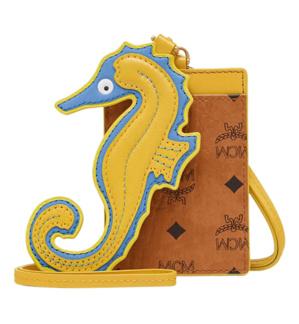 MCM Aren Lanyard Card Case w/ Seahorse Charm in Visetos - Gold