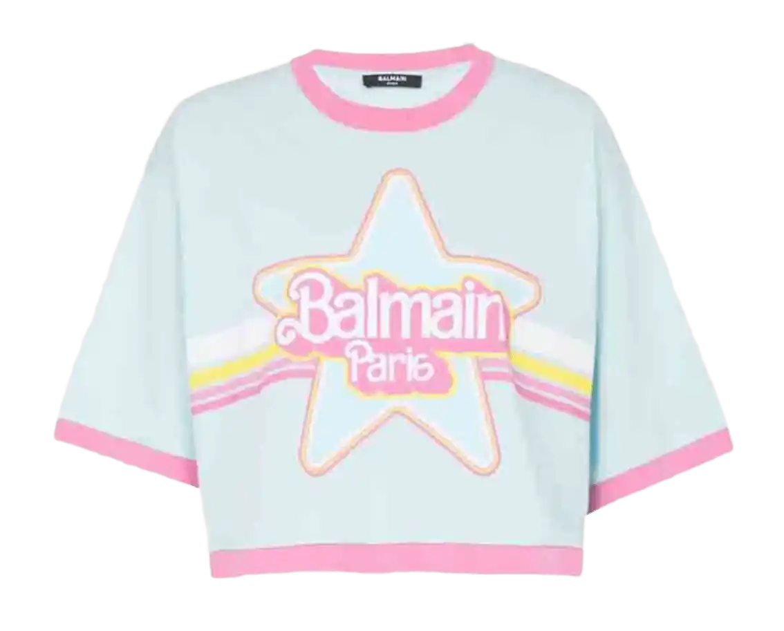 Balmain x Barbie - Blue Cotton Cropped T-shirt - Pink Balmain Logo Print