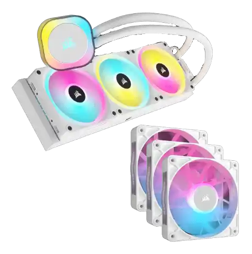 iCUE LINK H150i RGB Cooler - White and RX120 RGB Triple Start Kit Bundle