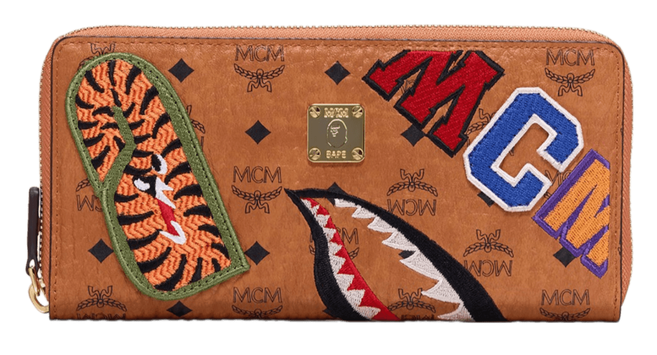 MCM x BAPE Shark Zip Around Wallet - Visetos Large Cognac