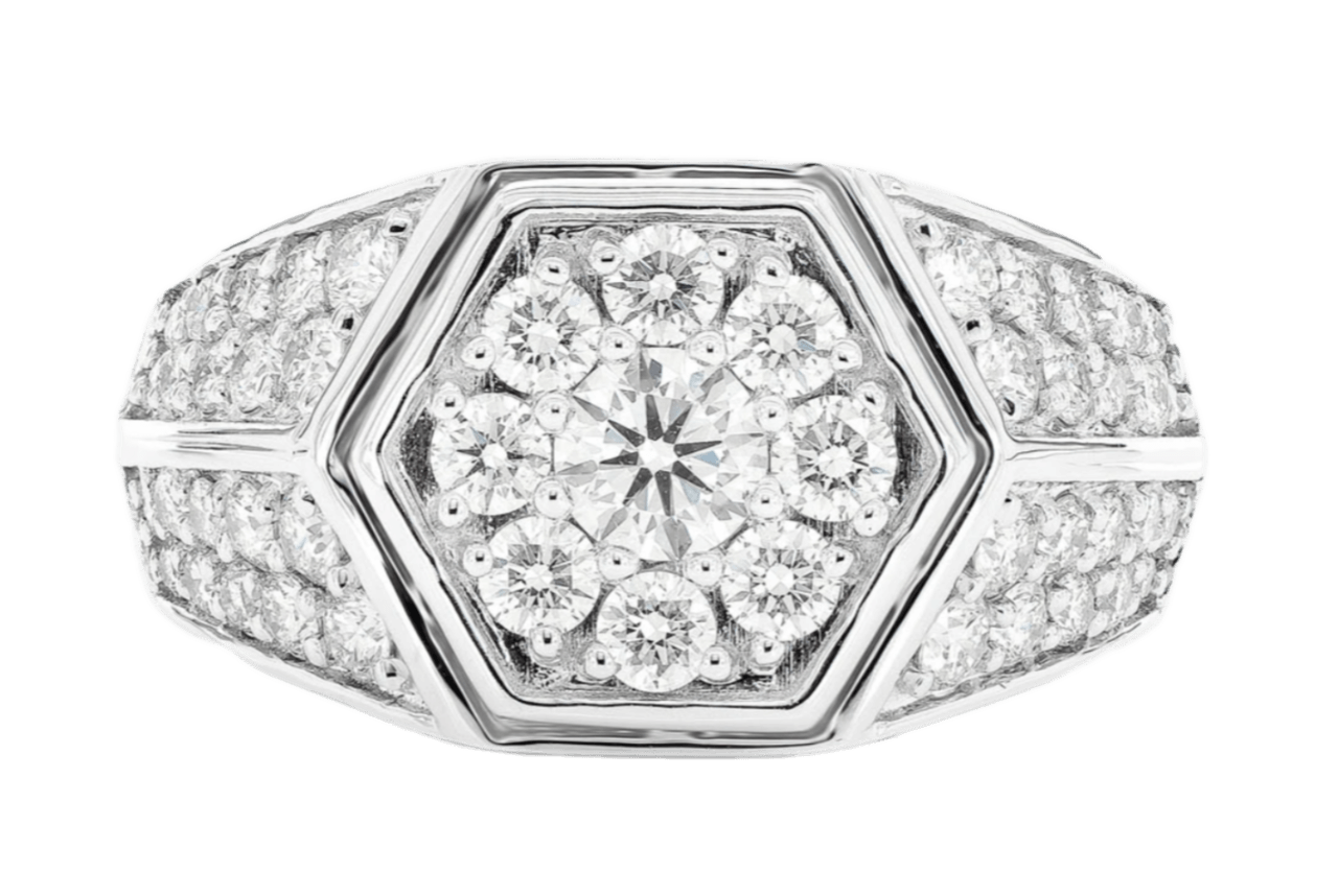 Hexagon Cluster Signet Diamond Ring 14k Solid White Gold 1.75ctw