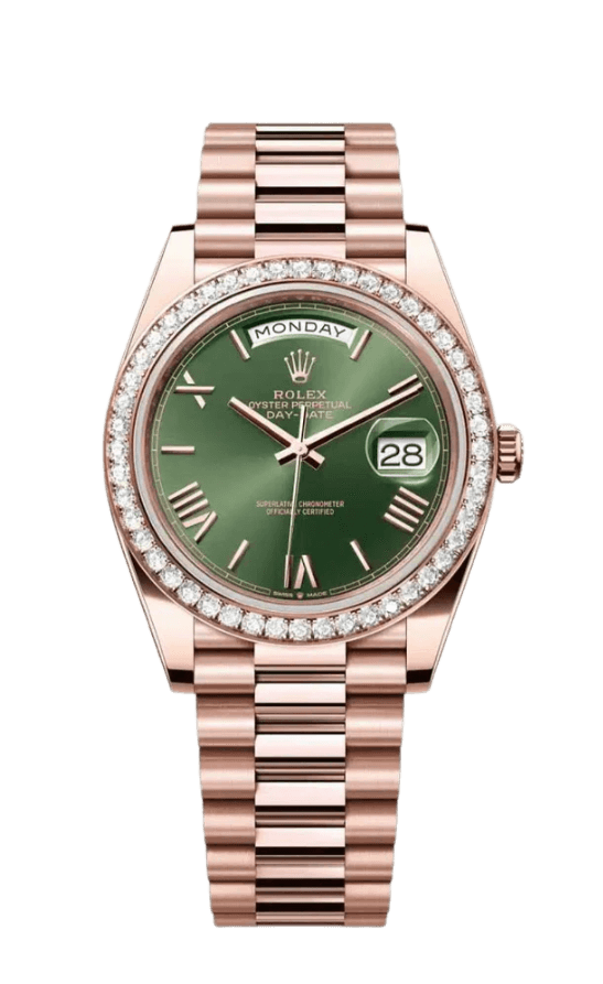 Rolex Day-Date Olive Green Dial - 40mm, Rose Gold, Diamond Bezel