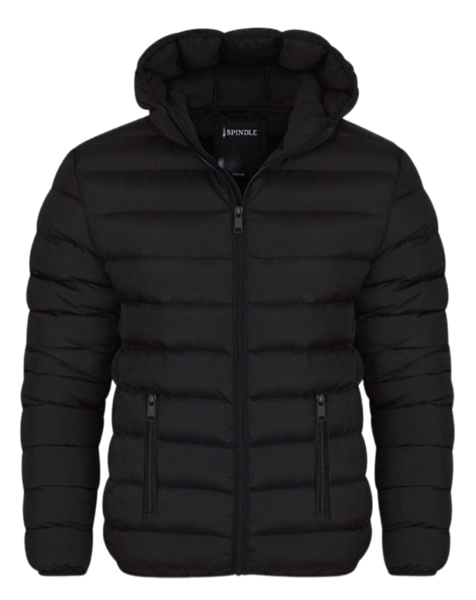 Spindle Mens Plain Black Hooded Padded Quilted Puffer Jacket