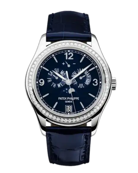 Patek Philippe Complications Annual Calendar Moonphase Navy Blue Dial - 39mm, 18K White Gold, Diamond Bezel