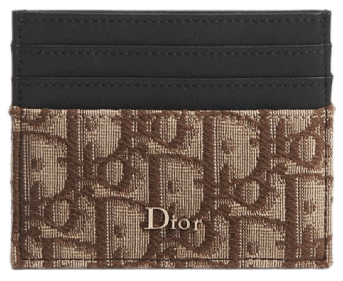 Dior Card Holder - Black Smooth Calfskin Marquetry and Brown Dior Oblique Jacquard