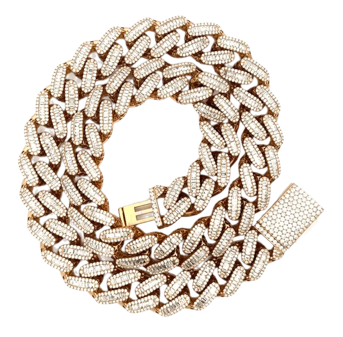 Rose Gold White Diamond Baguettes Cuban Chain - 22.64ct