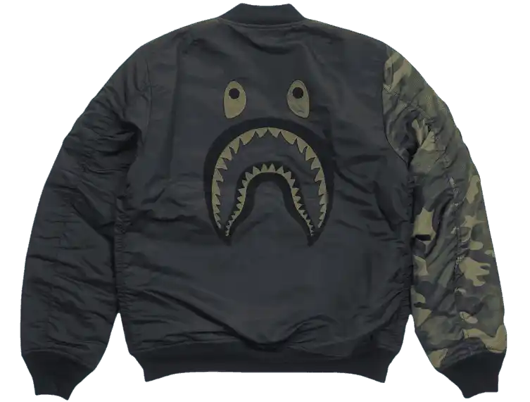 BAPE Undefeated Woodland Camo Sleeve Capsule Shark MA1 Bomber Flight Jacket - Black/Green