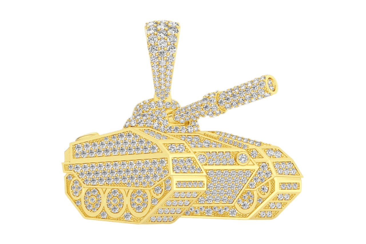 Armored Combat Tank Diamond Pendant 14k Solid Yellow Gold 4.25ctw