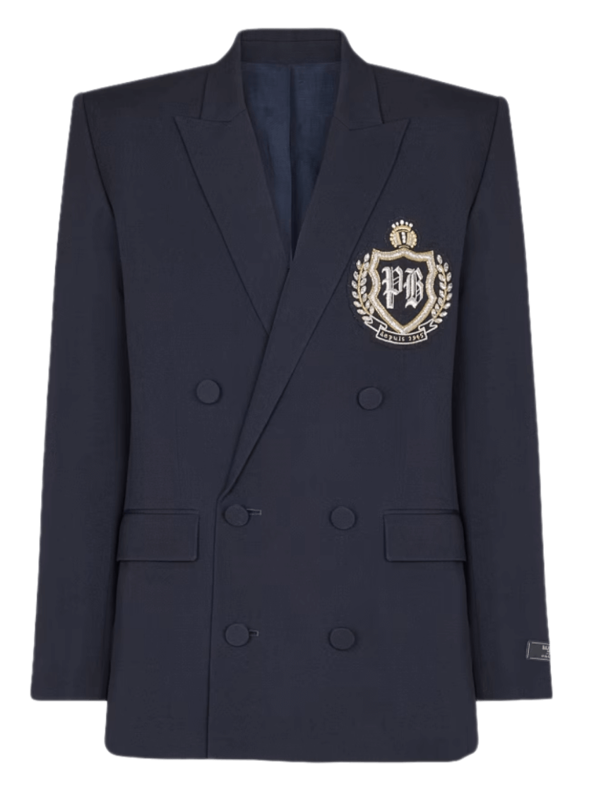 Balmain Wool Blazer with Crystal Patch - Navy