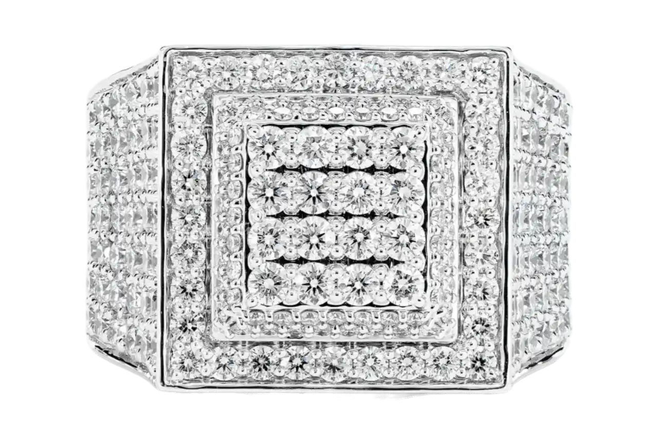 Two Tier Square Cluster Signet Diamond Ring 14k Solid White Gold 4.85ctw