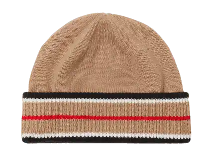 Burberry Reversible Icon Stripe Cashmere Cotton Beanie - Black/Camel