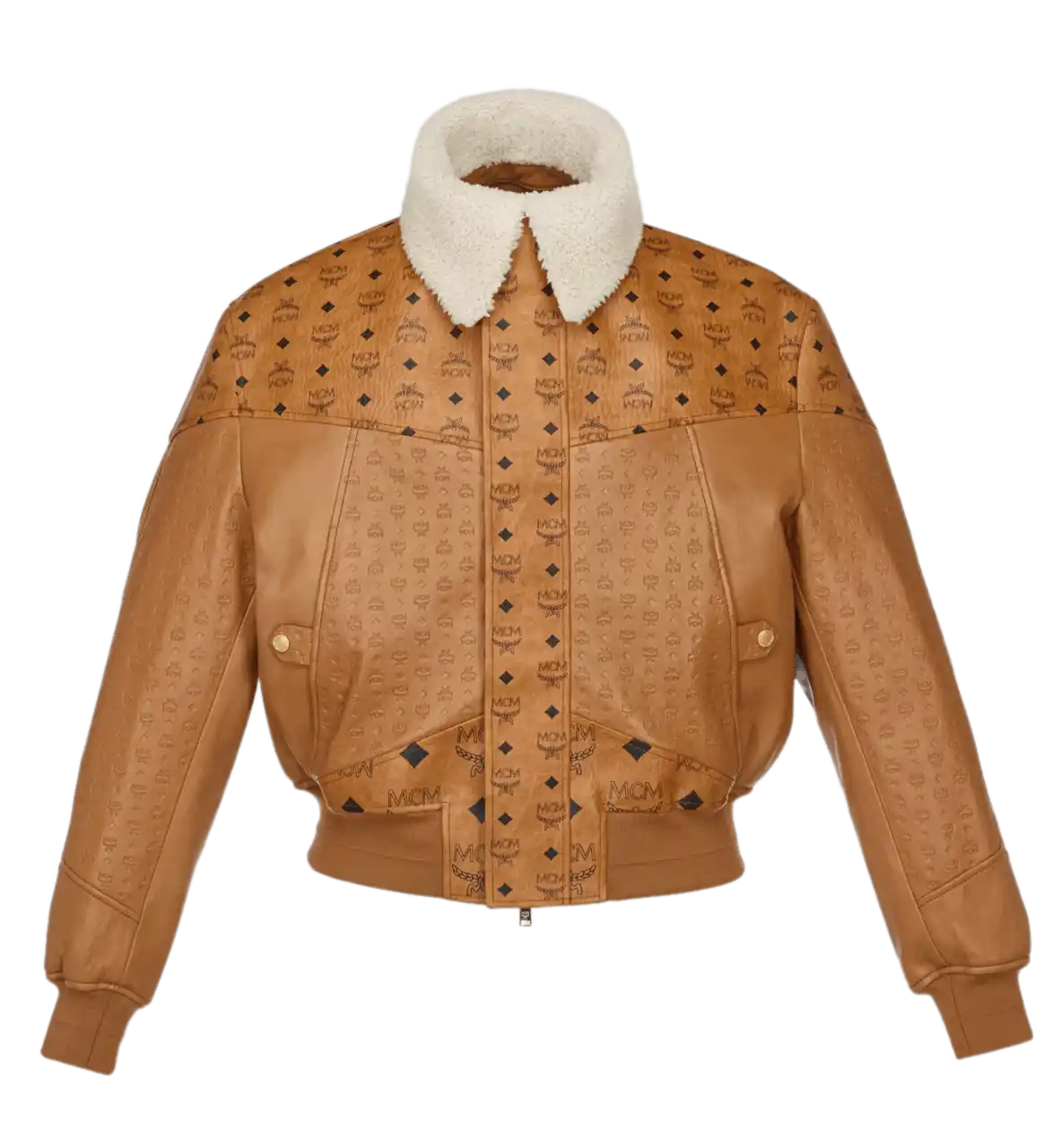 MCM Shearling Bomber Jacket in Visetos Leather Mix - Cognac