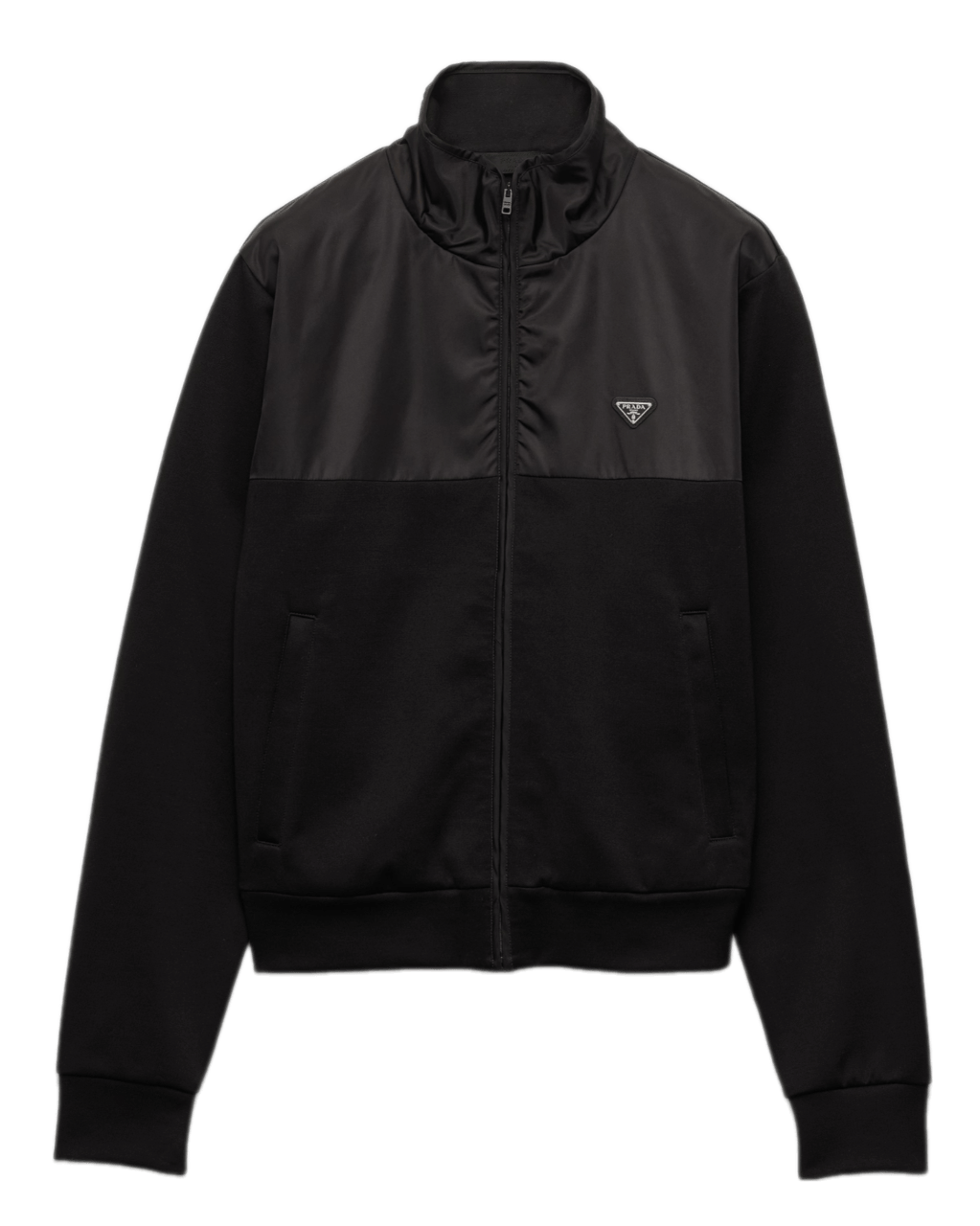 Prada Cotton Fleece Zipper Jacket with Re-Nylon Details - Black