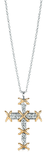 Tiffany Ten Stone Cross Pendant - 18K Gold and Platinum With Round Diamonds