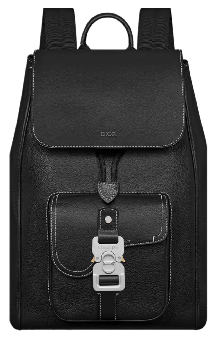Dior Saddle Backpack with Flap - Black Grained Calfskin with Contrasting Topstitching