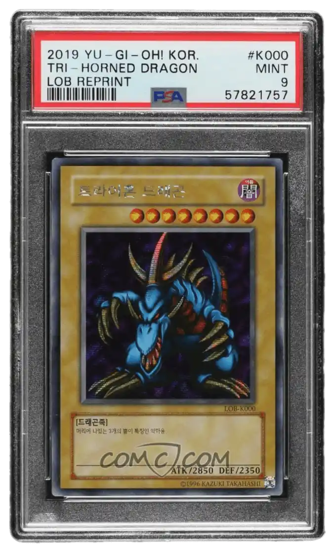 2019 Yu-Gi-Oh! - Legend of Blue Eyes White Dragon - Reprint - Korean #LOB-K000 - Tri-Horned Dragon PSA 9 MINT