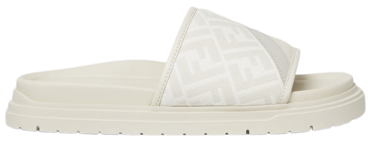 Fendi FF Jacquard and Leather Diagonal Slides - White