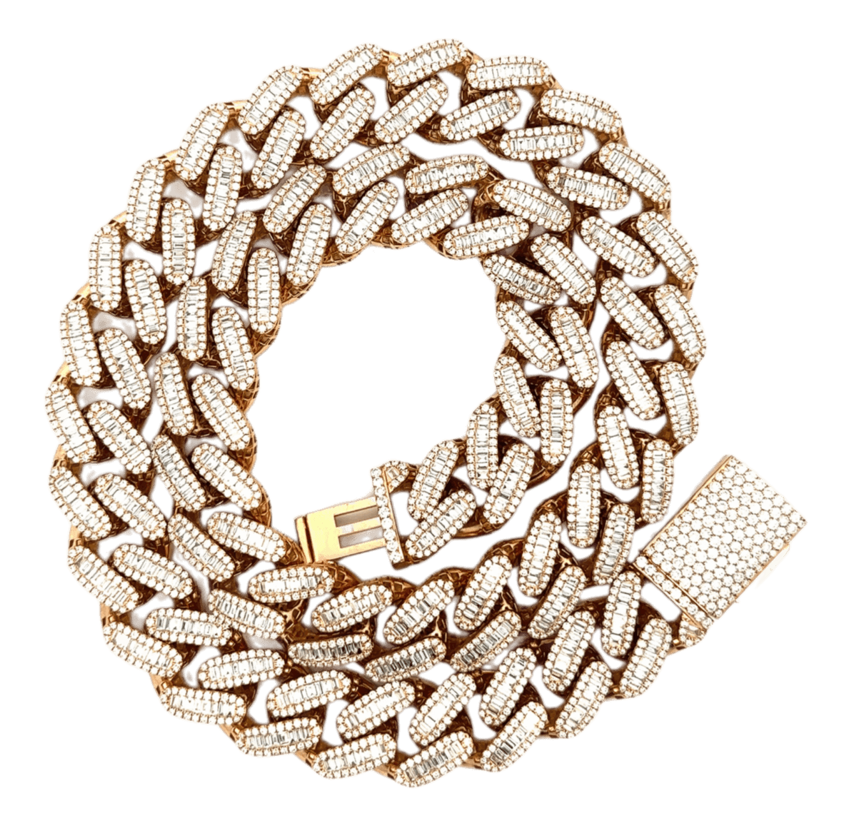Rose Gold White Diamond Baguettes Cuban Chain - 22.64ct