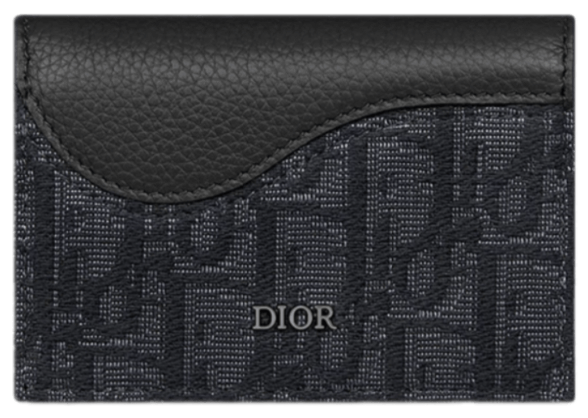 Dior Saddle Business Card Holder - Black Grained Calfskin Marquetry and Black Dior Oblique Jacquard