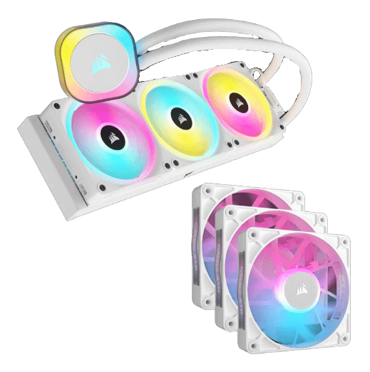 iCUE LINK H150i RGB Cooler - White and RX120 RGB Triple Start Kit Bundle