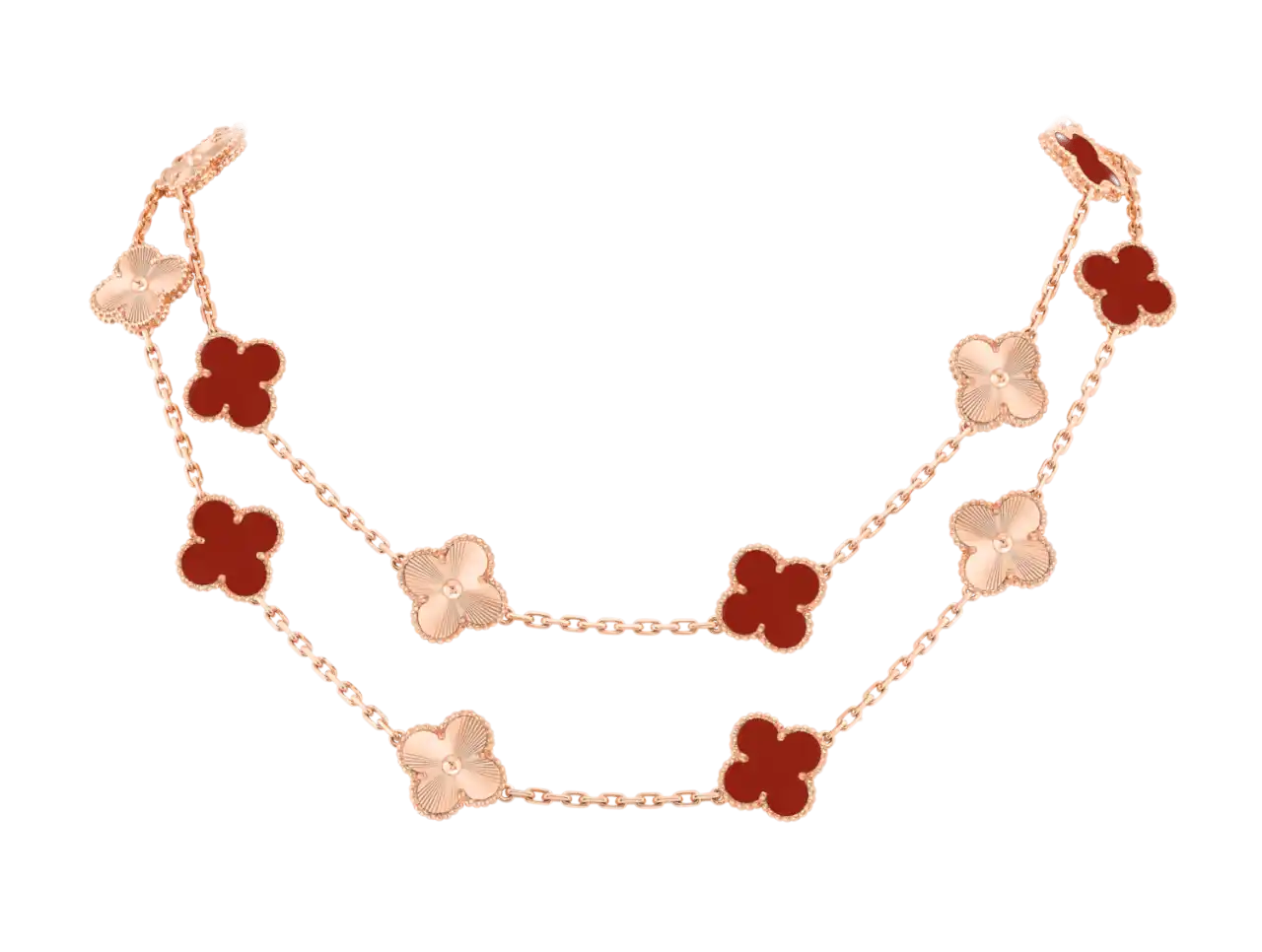 Van Cleef Vintage Alhambra Long Necklace 20 Motifs - Rose Gold, Carnelian