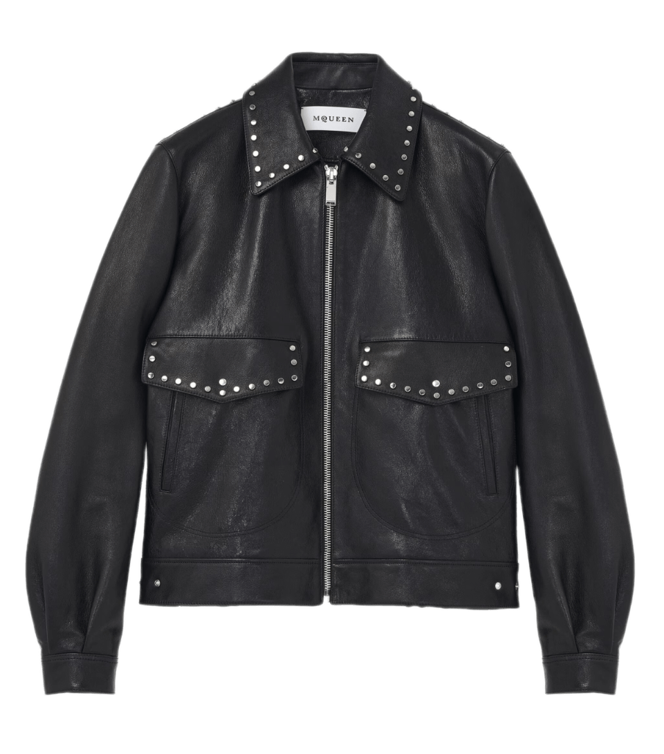 McQueen Studded Leather Aviator Jacket - Black