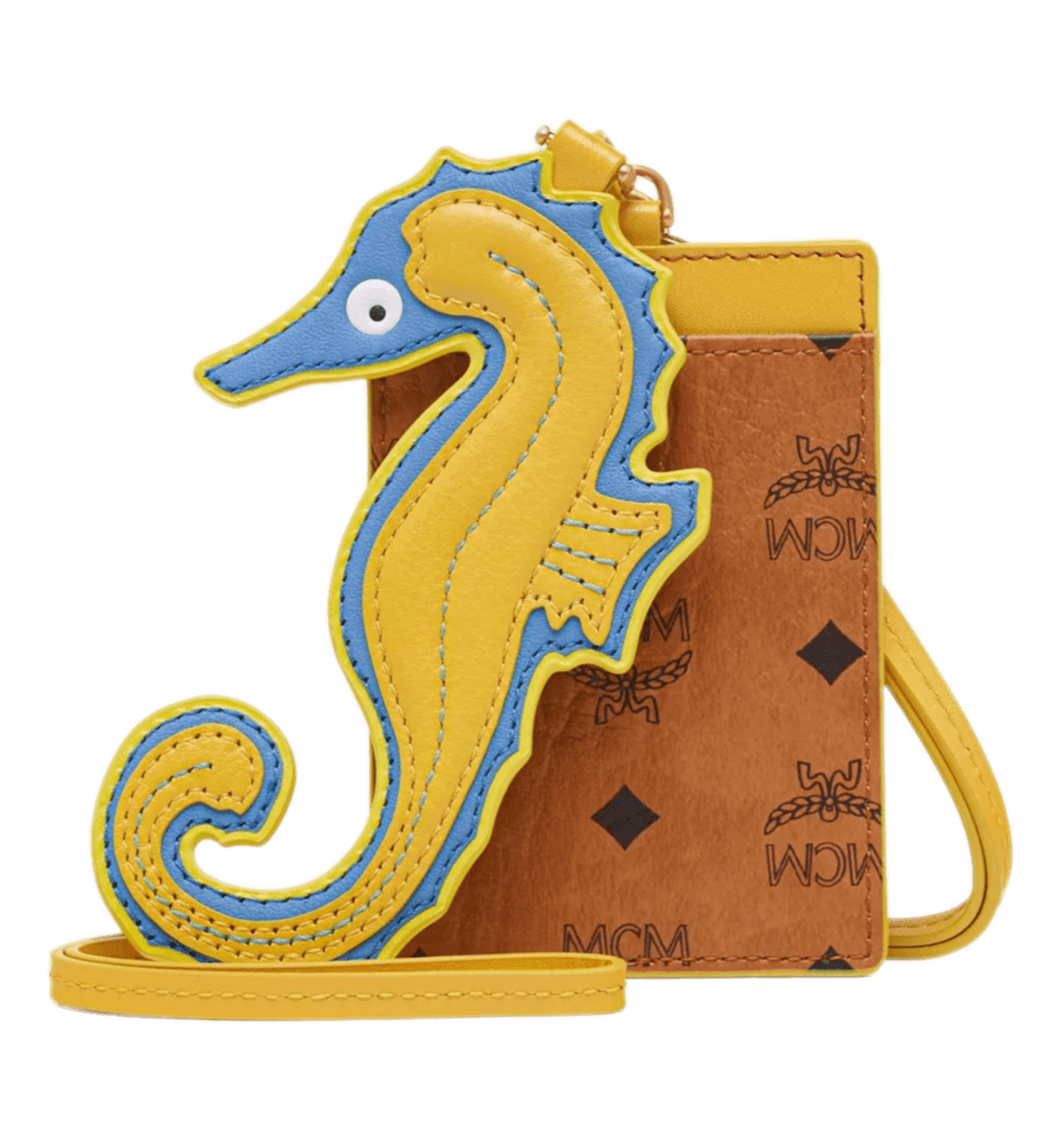 MCM Aren Lanyard Card Case w/ Seahorse Charm in Visetos - Gold