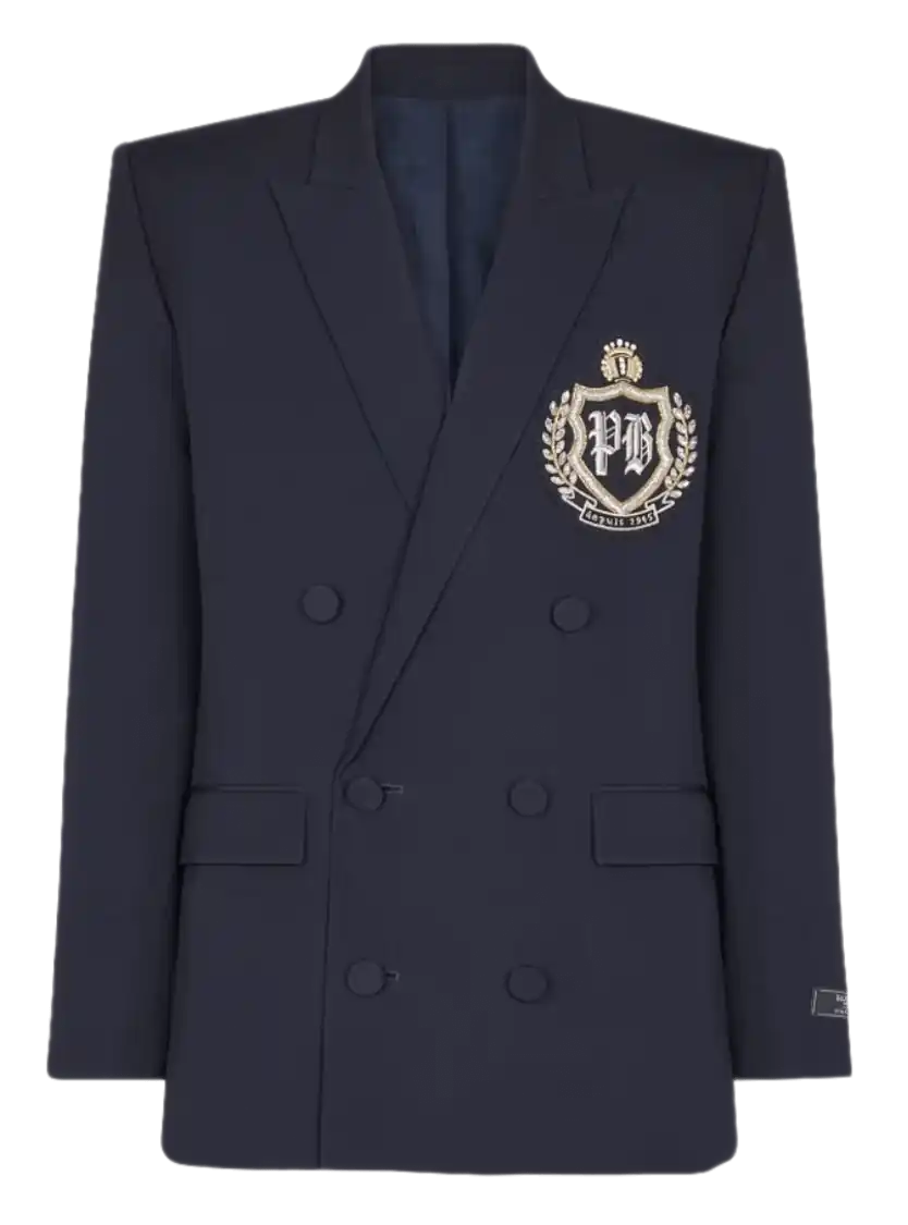 Balmain Wool Blazer with Crystal Patch - Navy