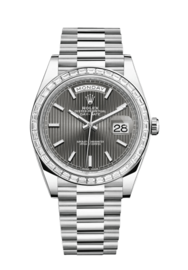 Rolex Day-Date Dark Rhodium Stripe Motif Dial - 40mm, Platinum, Diamond Bezel
